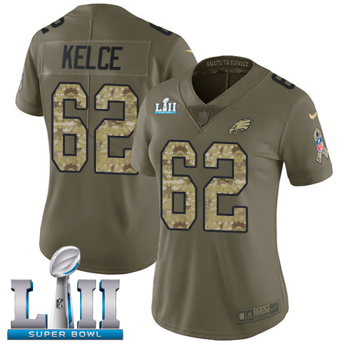 Nike Eagles #62 Jason Kelce Olive/Camo Super Bowl LII Women's Stitched NFL Limited Salute to Service Jersey